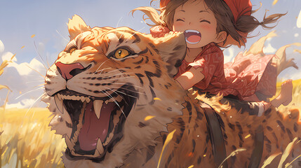 Wall Mural - cute action of girl riding a tiger, happy moment