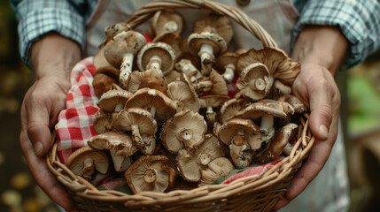 A farmer proudly displaying their harvest of shiitake mushrooms neatly arranged in a sy basket lined with a red gingham cloth.