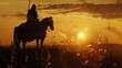 As the sun sets behind him a Hunnic horseman stands tall on his steed his silhouette a symbol of fear and conquest.