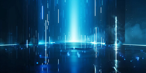 Blue neon light, abstract empty scene with light beams and spotlights concept illustration