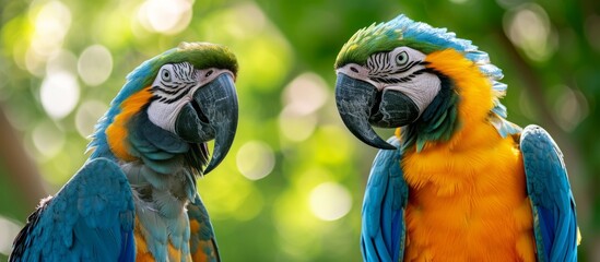 Poster - Vibrant and colorful parrots standing together in perfect symmetry on a tree branch