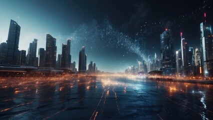 Drifting City in IT Technology Space Particles Background