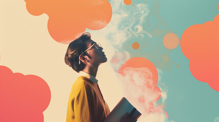 Wall Mural - A young woman holding a notebook, lost in thought against a surreal, colorful cloud background.