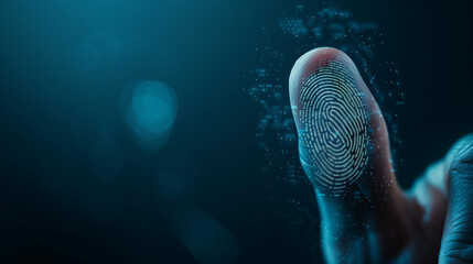 Poster - Close-up of a finger with a glowing digital fingerprint overlay, symbolizing biometric security and technology.