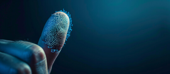 Close-up of a finger with a glowing digital fingerprint overlay, symbolizing biometric security and technology.