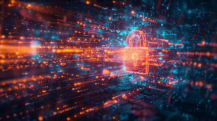 Poster - A conceptual cyber security image with a glowing digital padlock, representing data protection in the digital age.