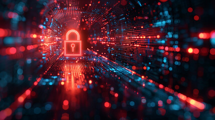 Poster - A conceptual cyber security image with a glowing digital padlock, representing data protection in the digital age.