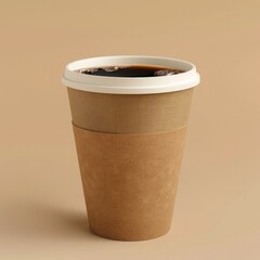 Wall Mural - Takeaway paper coffee cup filled with black coffee, casting a soft shadow on a beige surface with natural light