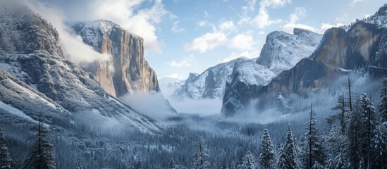 Wall Mural - Serene snowy landscape with majestic mountain range in the background