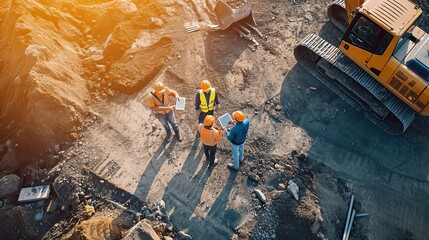 Aerial Drone Shot Of Construction Site With Excavators On Sunny Day: Diverse Team of Real Estate Developers Discussing Project. Civil Engineer, Architect, Inspector Talking And Using Tablet Computer. 