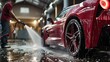 Car Wash Specialist Using Pressure Washer to Rinse a Red Modern Sportscar. Adult Man Washing Away Dirt, Preparing a Tuned Car for Detailing. copy space for text.
