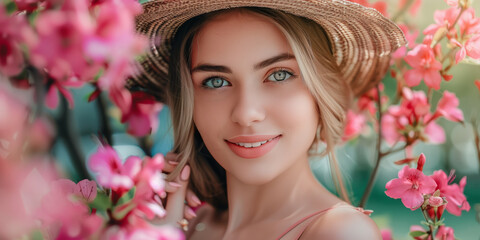 Beautiful girl posing between beautiful pink blossoming trees in spring on a warm day with sunny weather