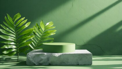 Podium beauty minimal display stage stand summer fashion abstract luxury plant. Minimal podium background texture green beauty shadow banner mockup wall stone leaf showcase cosmetic wallpaper sale art