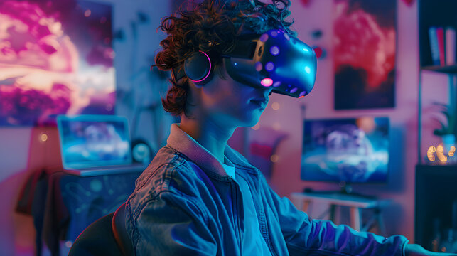 Boy wearing virtual reality glasses, VR technology and futuristic world