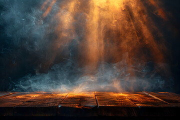 Wall Mural - empty wooden table with Faint smoke have beams of light shining on top dark background 