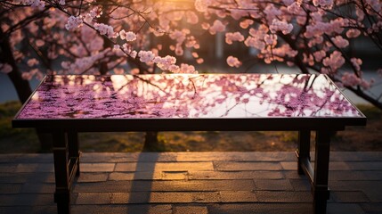 Wall Mural - Tea table in a blooming cherry blossom grove