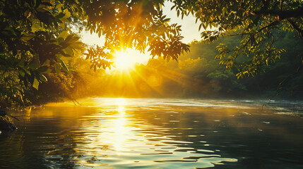 Wall Mural - Sunset over the river in the jungle. Beautiful nature background.