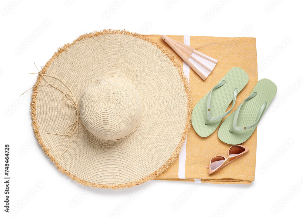 Stylish beach hat, flip flops, sunglasses and fan on white background