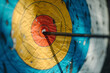 An arrow striking the bullseye on an archery target