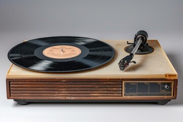 a vintage turntable with a vinyl record on it, displaying a classic design with wooden paneling.