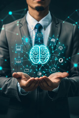 Businessman holding a symbolic brain and digital marketing icon, representing business growth strategy and target goals