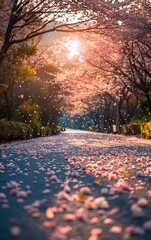 Wall Mural - the alluring charm of a road lighted by the sun with blooming cherry blossoms on either side