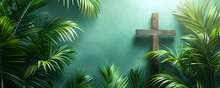 Cross And Palm Leaves. Palm Sunday And Easter Day Concept.