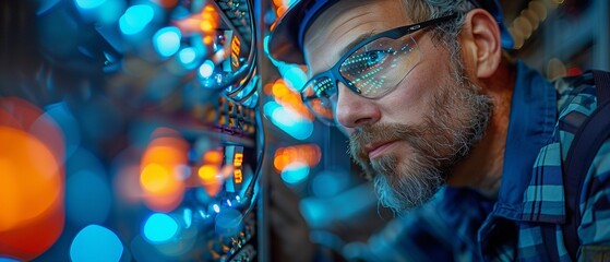 an engineer installing fibre optic wires and an internet connection