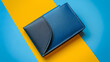 Blue leather wallet isolated on blue and yellow background, showcasing elegance and sophistication, perfect for fashion enthusiasts and accessory lovers, Generative Ai.

