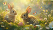 Charming Victorian-era styled rabbits frolic amidst a whimsical garden, evoking nostalgia and enchantment, Generative Ai.

