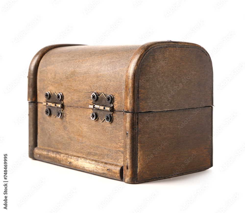 Old chest with treasures isolated on white background
