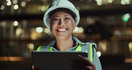 Poster - Engineering, woman and tablet in city at night for planning, infrastructure and project management. Face of mature boss or construction worker on digital technology in architecture or outdoor design