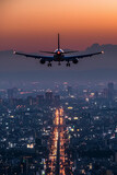 Fototapeta Big Ben - An airplane ascending over a cityscape during twilight