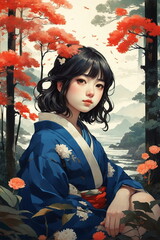 Wall Mural - Geisha anime portrait art in national cloth illustration, Japanese painting style. Poster
