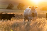 Fototapeta Sawanna - cow in a field at sunset on a summer in a dry drought in summer in australia on at agricultural farm