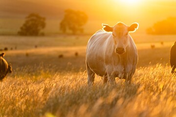 cows and calfs grazing on dry tall grass on a hill in summer in australia. beautiful fat herd of cattle on an agricultural farm in an australian in summer