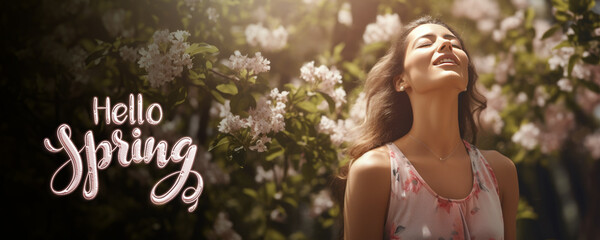 Wall Mural - A woman enjoying the beauty of nature - Exhaling near flowers, A Fictional Character Created By Generated AI.