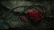 Heart and rose bound by sharp thorns in a gothic embrace symbolizing painful love