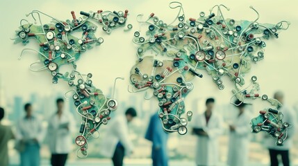 Wall Mural - A world map made entirely of stethoscopes with medical staff looking on.