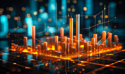Poster - Futuristic financial chart with glowing neon lines on a dark background, symbolizing advanced stock market analytics and cyber data visualization