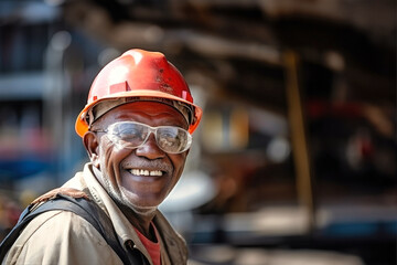 An elderly dark-skinned man is dressed in a hard hat and safety glasses, ready for construction work