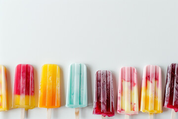 Poster - Colorful fruit ice popsicles lined up on a white background with copy space, perfect for summer refreshments or dessert concepts