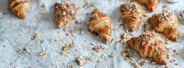 Wall Mural - freshly baked croissants with nuts topping, perfectly positioned on marble background with ample spa