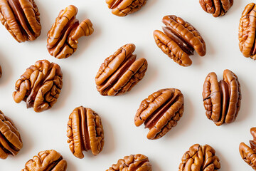 Canvas Print - High-quality, top view image of multiple pecan nuts arranged neatly on a white background, ideal for food-related content and Thanksgiving designs with space for text