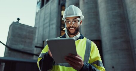 Aufkleber - Check, man or architect on tablet in city to research for engineering, building or construction. Inspection, progress or happy contractor reading on development, project notification or architecture