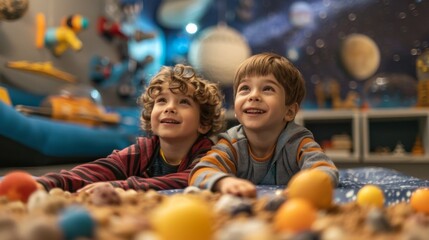 Boys Playing with Space Toys in a Stylish Playroom