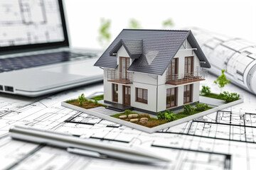 Wall Mural - 3d House over Laptop with House Project Blueprint