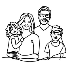 Wall Mural - Continuous one black line art drawing happy family father and mother with child doodles style vector illustration on white