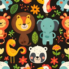 Sticker - Seamless pattern featuring adorable animals and plants.
