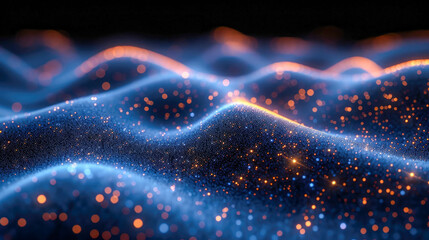 Poster - abstract digital wave with glowing particles. Futuristic shape with depth of field and bokeh